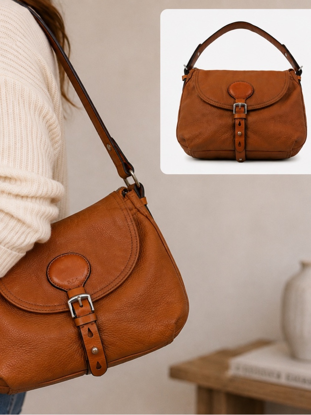 Lauren Ralph Lauren LRL Brown Pebbled Leather Shoulder Bag Buckle Flap